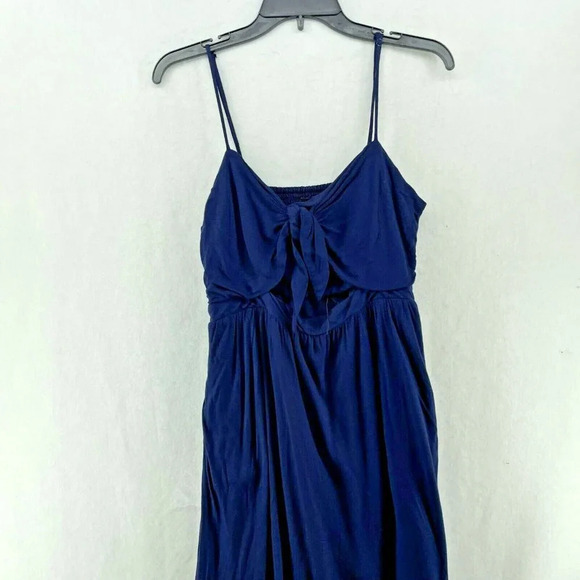 Bardot Maxi Dress Sz Lg 10 Navy Blue Front Tie Cut-Out Spaghetti Strap Stretch - Picture 2 of 8
